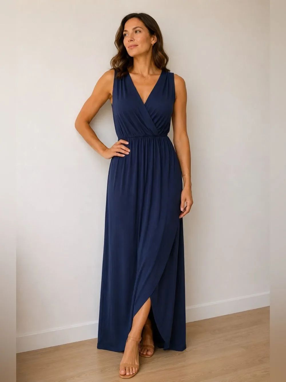 Kaileigh Women’s Faux Wrap Maxi Dress Navy Blue Sleeveless Size L Made In USA